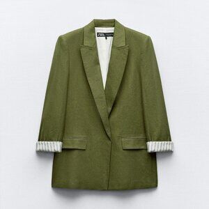 Zara Linen Blend Roll Up Sleeve Open Front Blazer, XS